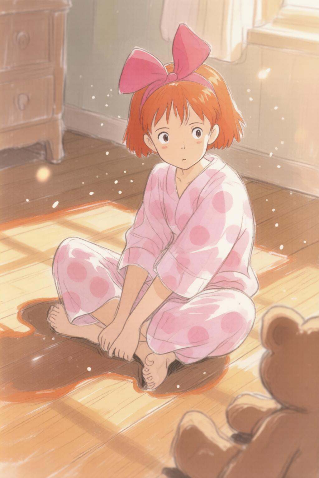 hayaomiyazaki3q illustration.Kiki,  fiery-orange cropped hair,  oversized fuchsia bow on Tensor.Art