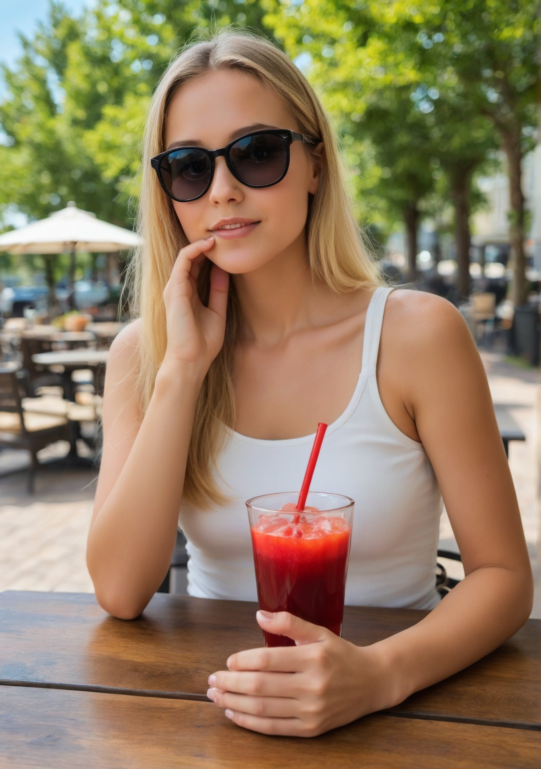 a close half body portrait photo A young woman with long,  flowing blonde hair sits at an outdoor cafe table,  wearing a s...
