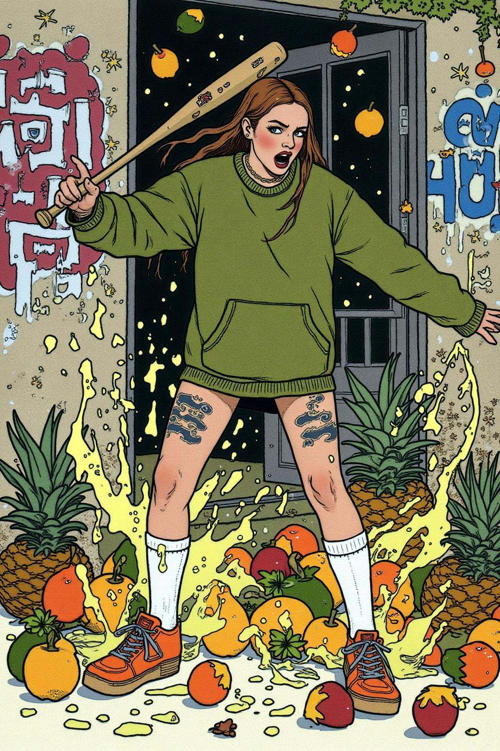 ivanbilibin1 illustration. full body,  liquid splash,  cartoonish juicy fruits chaos on Tensor.Art