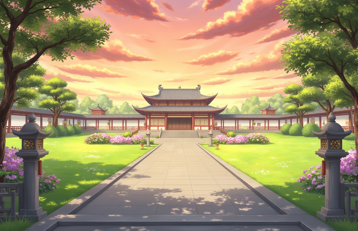 guo_feng_chang_jing,A serene pathway leading to a traditional Chinese pavilion,surrounded by lush greenery and vibrant flowers under an expansive sky. The temple is surrounded by lush green grass and trees,and the sky is a vibrant orange and pink hue,creating a shadow on the ground. Digital painting,