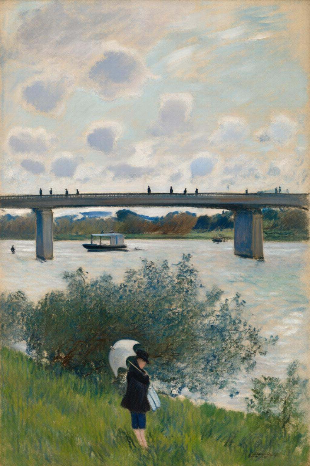claudemonet2q painting.A riverside scene with a prominent arched stone bridge stretching across the middle of the image.A...