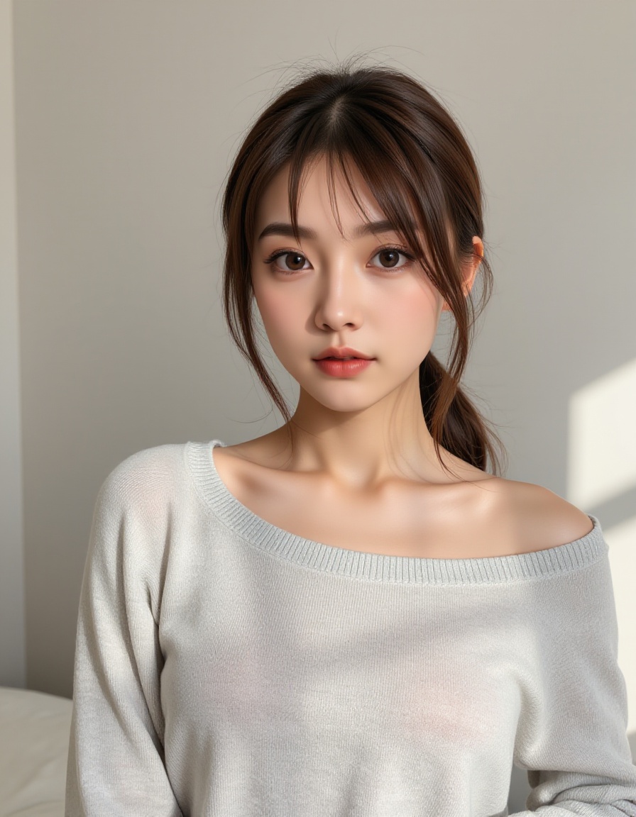 A young asian woman with fair skin and long,  straight brown hair styled in a loose ponytail with some strands framing her...