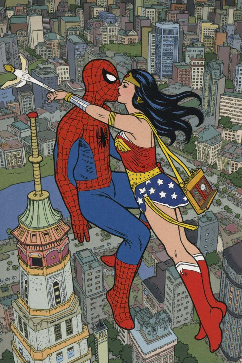 ivanbilibin1 illustration. Spider-man and Wonder Woman,  kissing,  floating above Shanghai on Tensor.Art