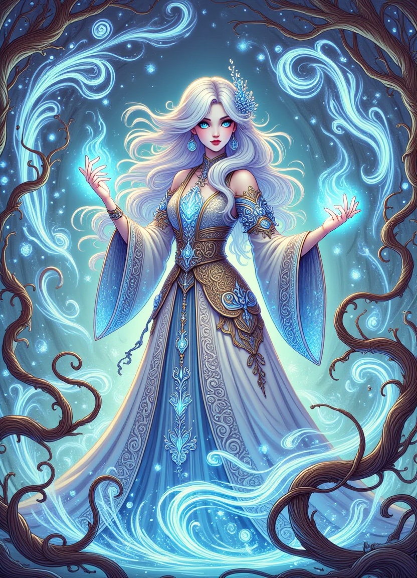 A mystical scene unfolds with a female DonMPr1nc3551000FX,  surrounded by an aura of water magic. She stands confidently a...