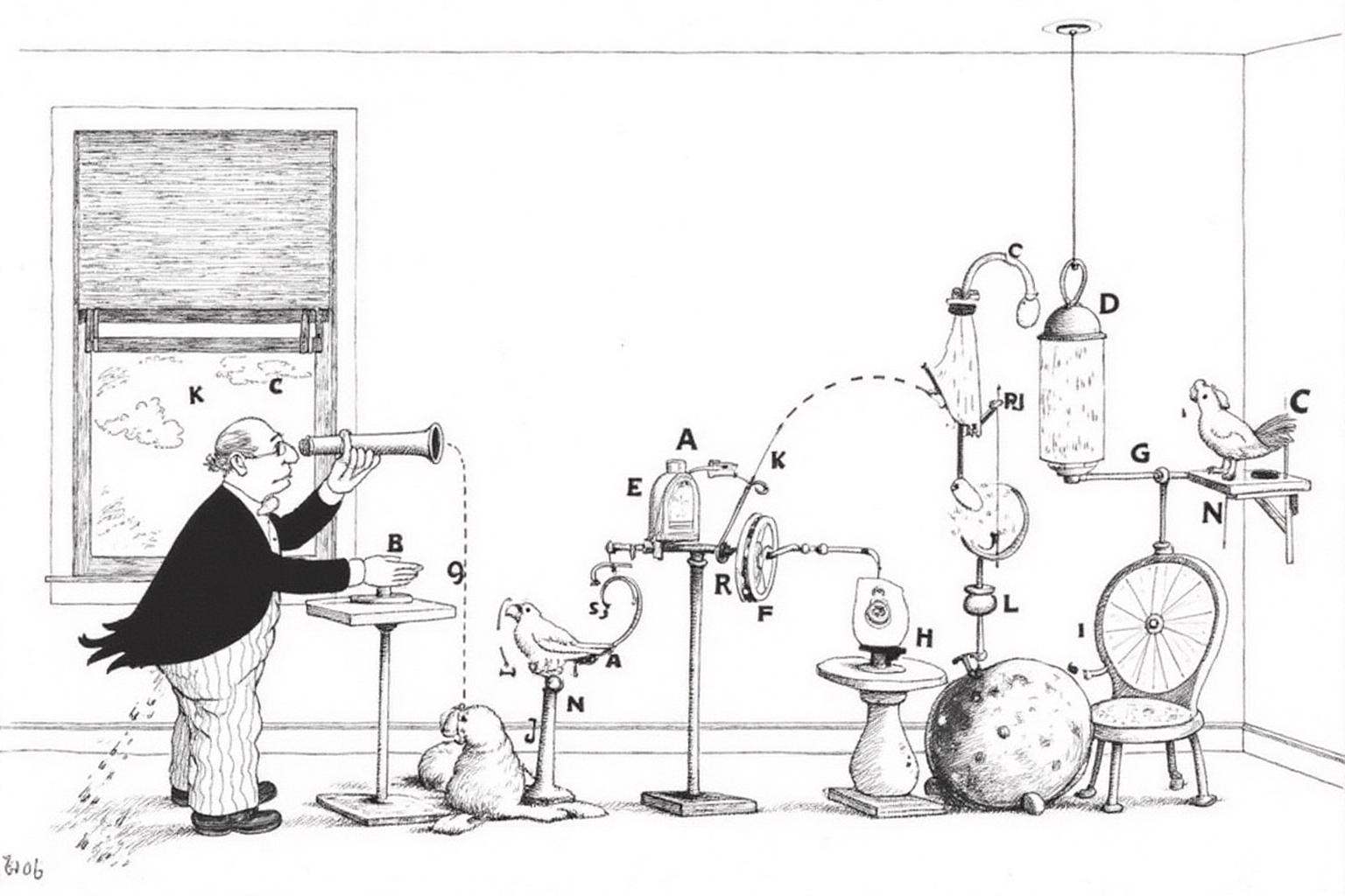 rugo1 illustration. The drawing features a man,  dressed in a dark suit and white shirt,  standing on the left side of the...