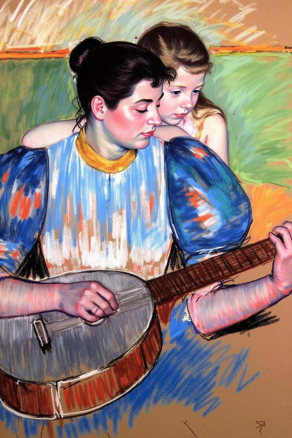 marycassatt2 drawing.A woman is playing a guitar with her eyes closed. She is wearing a blue dress. A young girl behind he...