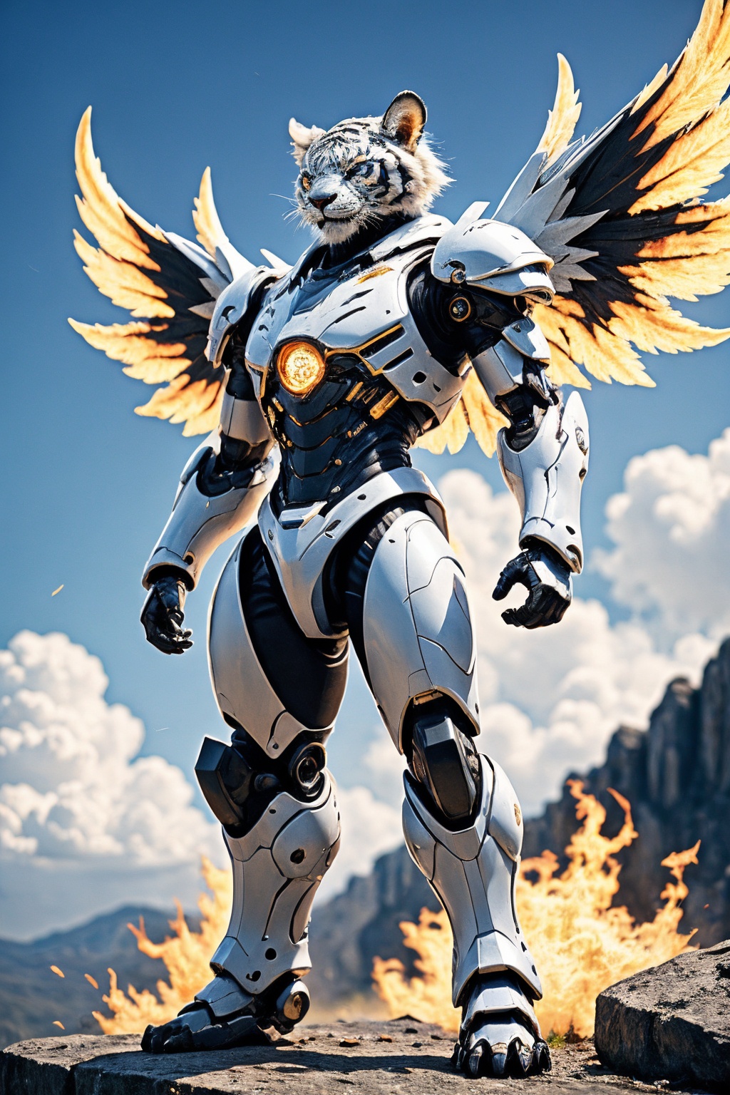 no humans, blue eyes, sky, outdoors, horns, glowing eyes, claws, glowing, cloud, day, wings, standing, blurry, solo, electricity, looking at viewer, blurry background, blue sky, full body, tail, rock, fire, robot, cloudy sky, tiger, creature