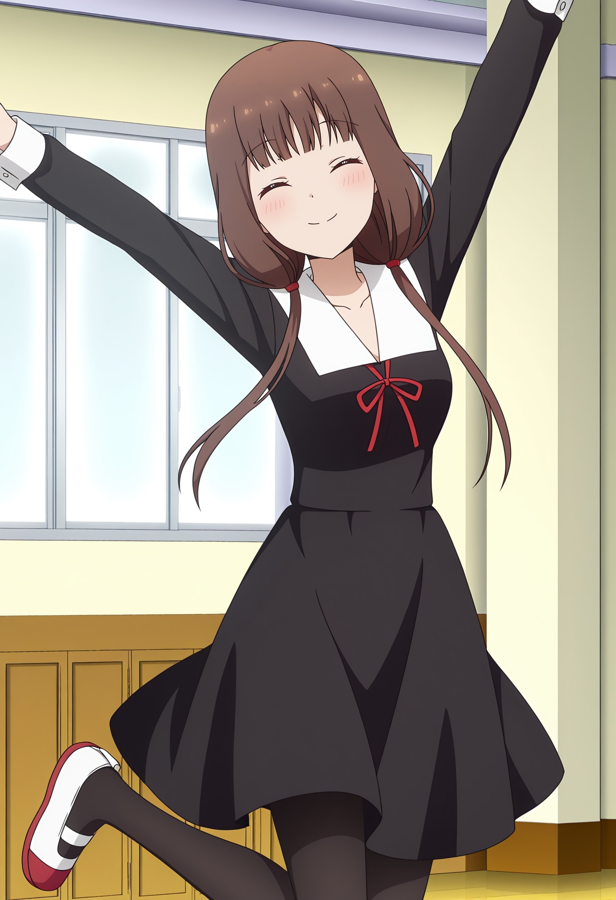 <lora:Iino Miko_illustrious-000010:1>,Iino Miko,school uniform,closed eyes,pantyhose,smile,jumping,ribbon,arms up,dress,red ribbon,white footwear,closed mouth,long sleeves,shoes,black dress,blush,indoors,black pantyhose,uwabaki,neck ribbon,collarbone,anime screencap,1girl,solo,