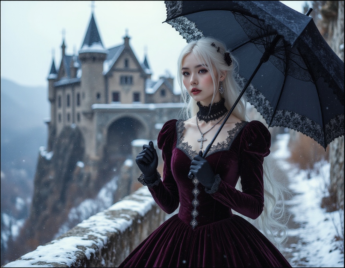 <lora:lora.gete:1>,An Asian woman wearing Victorian style Gothic clothing is dressed in a deep burgundy velvet dress,adorned with delicate lace,with fair skin and flowing white hair. The background is a castle on a cliff,wearing a silver cross necklace and holding a black umbrella. The background is a snowy castle. The scene is illuminated by soft diffused light,casting long shadows and enhancing the bizarre and poetic atmosphere. The composition focuses on her elegant and slender contours,with snow and shadows adding depth and contrast to the image,