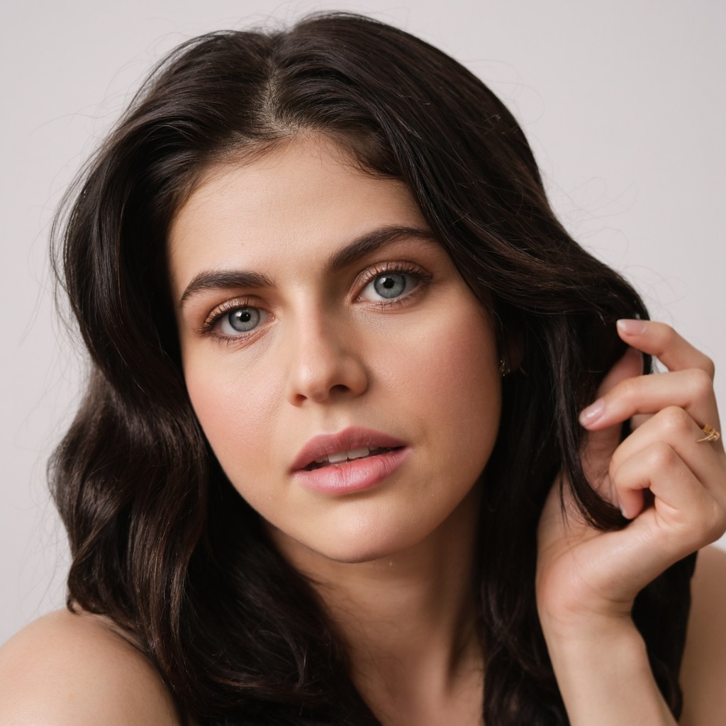 A close-up portrait of alexandra_daddario with a serene expression. She has fair skin,  long,  wavy black hair on Tensor.Art