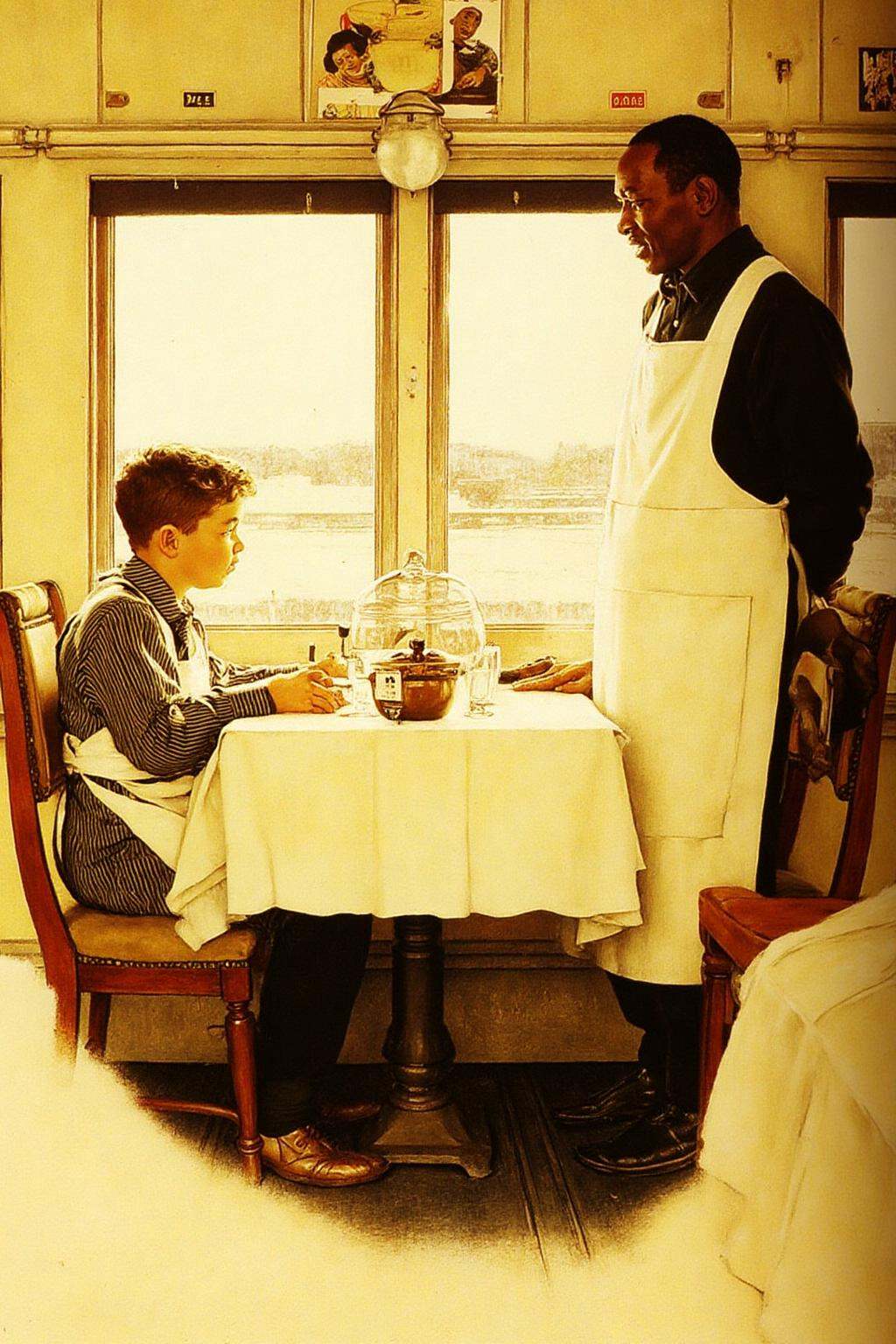 normanrockwell1 painting. A scene inside a train's dining car.On the left is a young boy sits at a small table. He is dres...