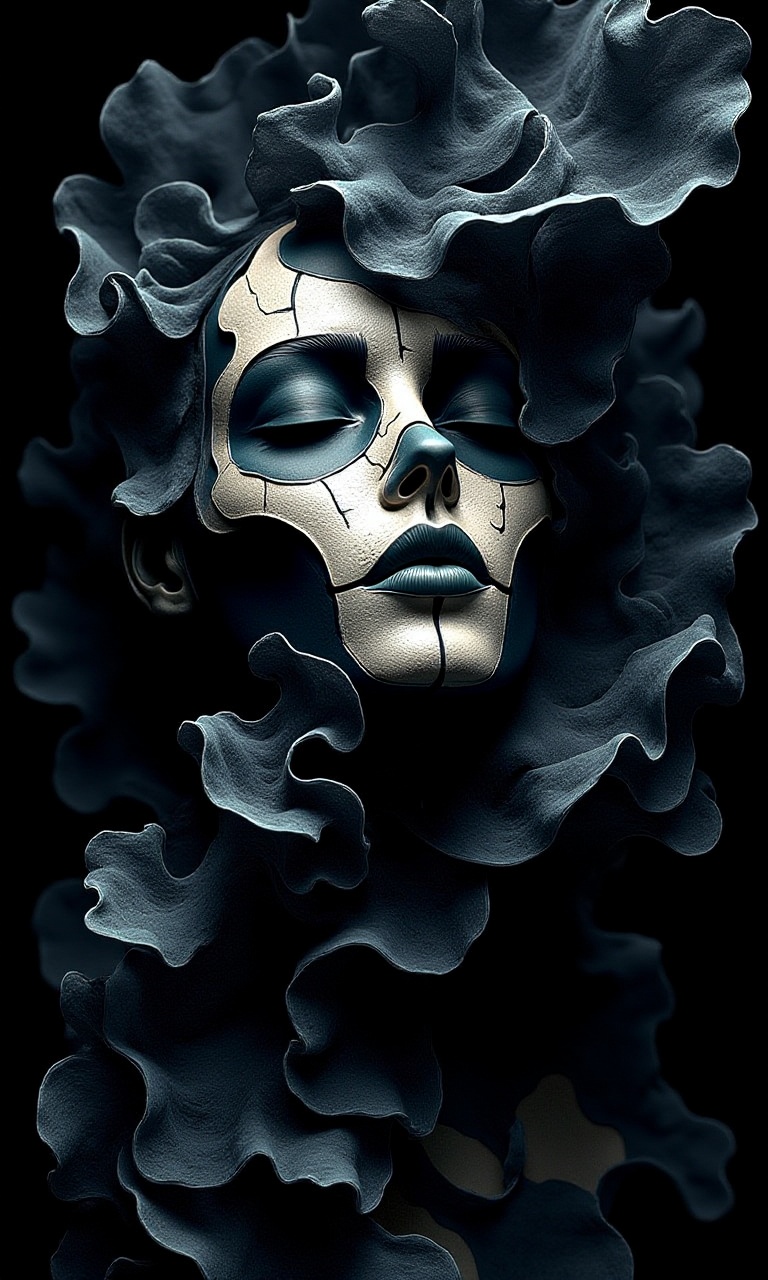 comic HDR photo of A image of a Gothic woman a skull makeup with black smoky wings lrd77,  triple exposure,  mysticism on...