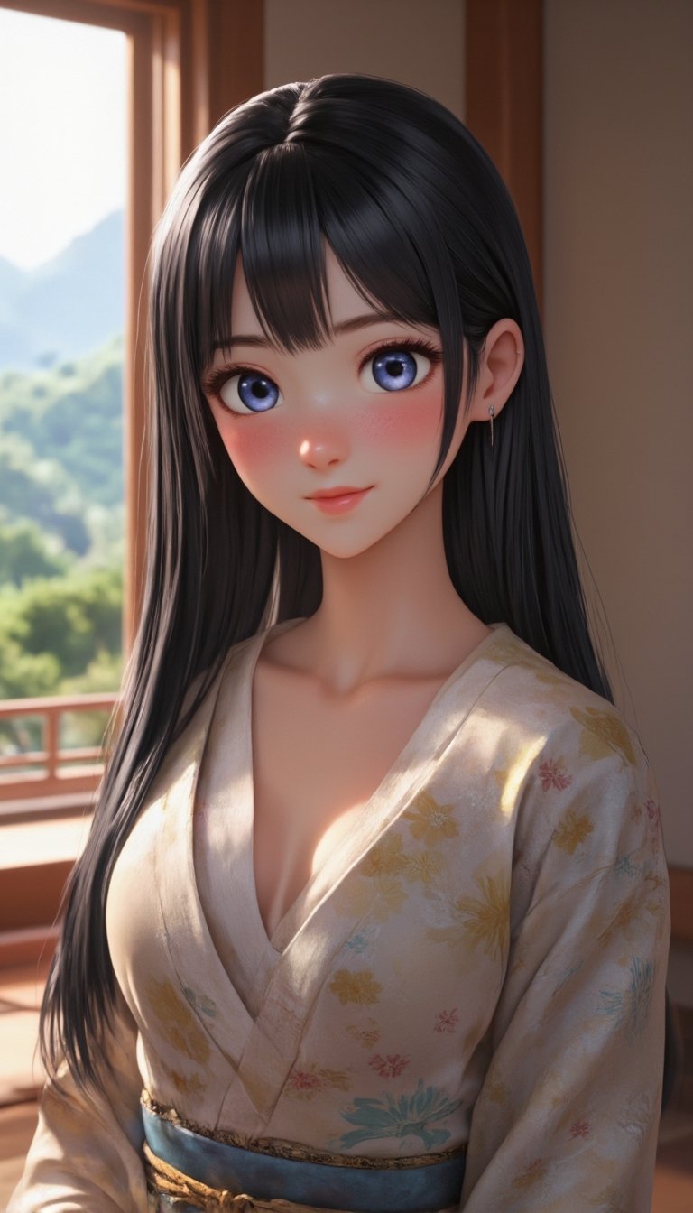"Create a 3D anime-style portrait of a graceful Japanese woman with long,  silky black hair and striking blue eyes. Her ex...