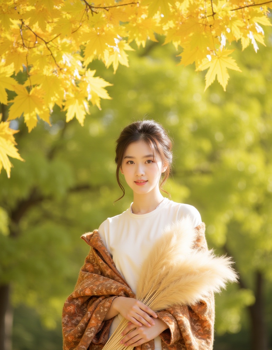 <lora:lora-qiutian2:1>,qiutian,Portrait of a young woman with an ethereal expression,standing in a sunlit autumn setting. She is positioned slightly off-center to the right,wearing a white top and a patterned brown and orange shawl. Her hair is styled in an elegant updo,and she holds a large,fluffy,beige pampas grass bouquet. The background features soft-focus green foliage,creating a dreamy atmosphere. Overhead,vibrant yellow autumn leaves hang from a tree,framing the scene. The lighting is soft and diffused,casting a warm,golden glow across the image. High-key photography,shallow depth of field,warm color palette,natural lighting,serene,ethereal,autumnal mood,visually balanced composition.,