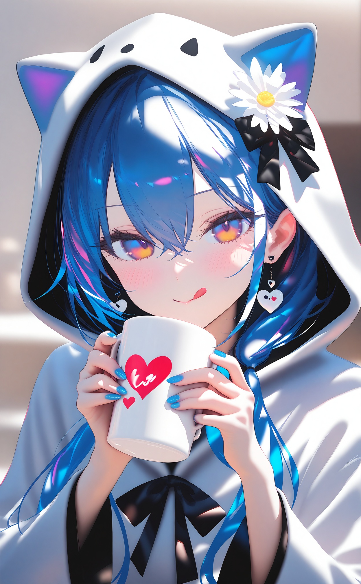 masterpiece,best quality,high quality,(colorful),1girl,solo,holding,tongue out,hood,animal hood,cup,hair ornament,tongue,hood up,holding cup,long sleeves,mug,long hair,flower,looking at viewer,black bow,white jacket,nail polish,bow,blush,upper body,food,closed mouth,wide sleeves,animal ears,smile,blue nails,hair between eyes,fake animal ears,:q,earrings,hands up,jacket,hooded jacket,heart,white flower,hair flower,jewelry,blue hair,cat hood,frills,