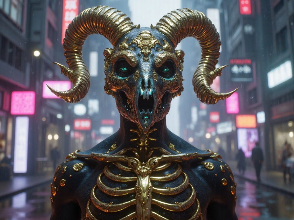 The image is a highly detailed,  CGI-rendered artwork featuring a surreal,  fantastical figure. The subject is a humanoid...