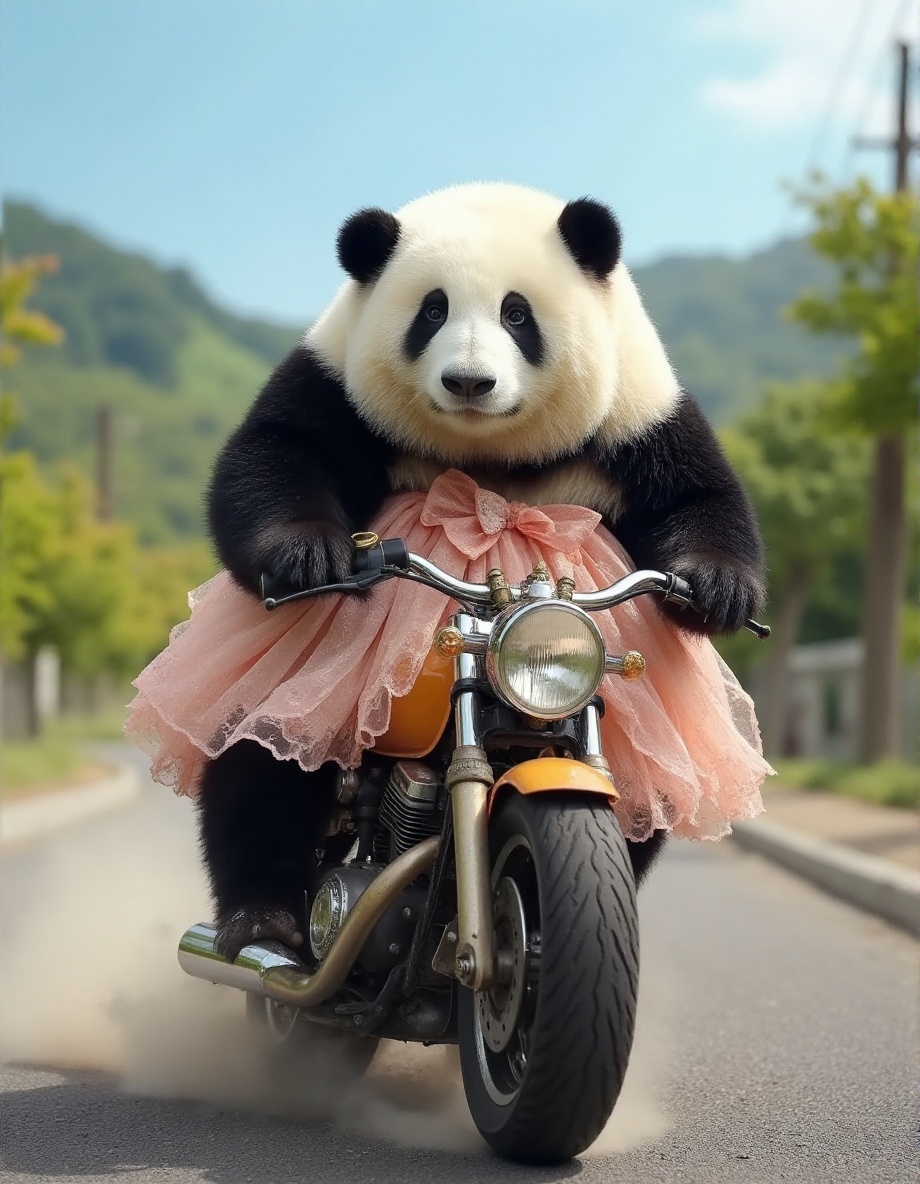 This high-resolution photograph captures a charming panda named Huahua,  depicted with her distinctive black and white fur...