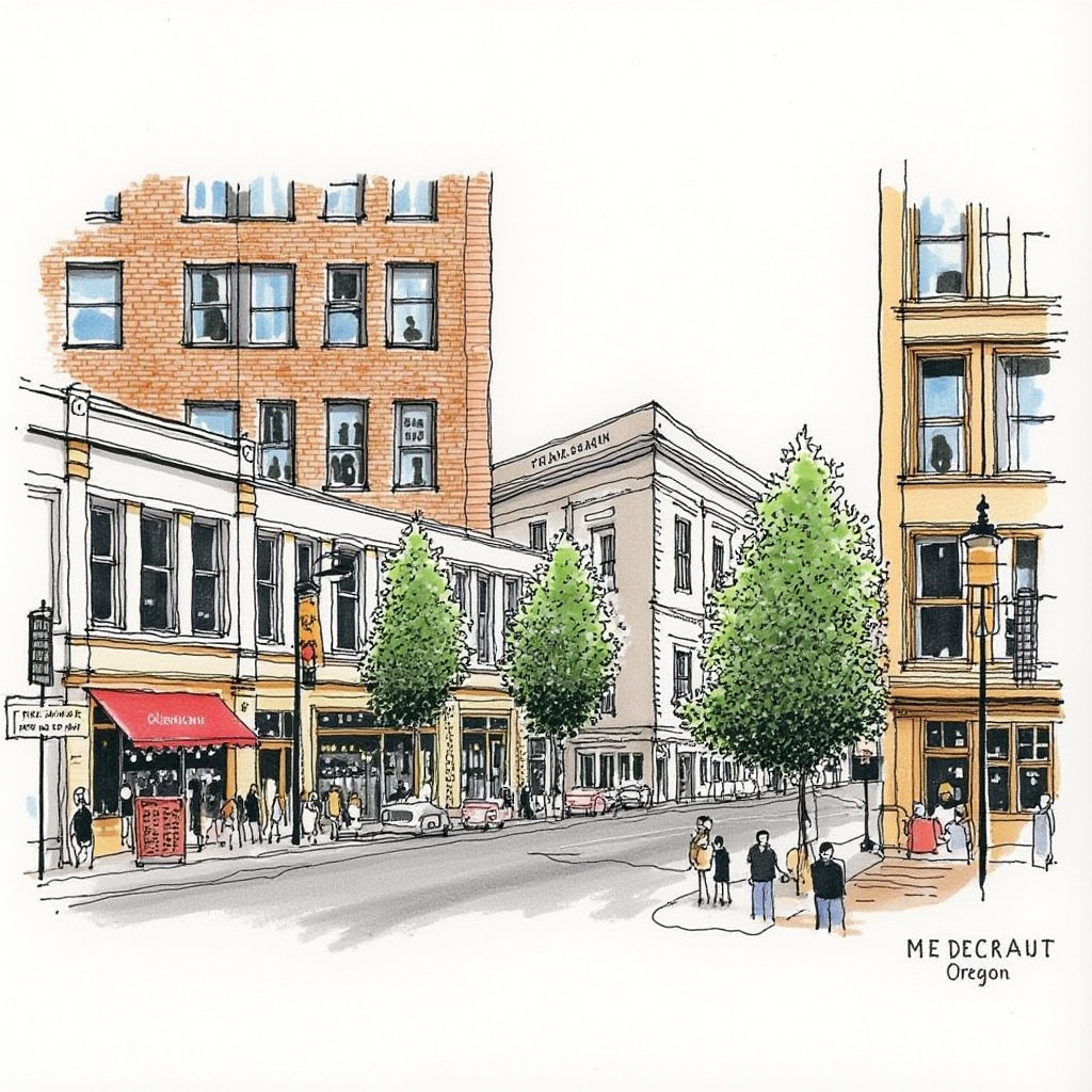 A detailed watercolor and ink drawing of a city street in Portland, Oregon, featuring a mix of modern and historic architecture. The scene includes a large, multi-story brick building with large windows, a smaller white building with a row of trees in front, and a Chinese restaurant with traditional architecture. The street is bustling with activity, with people walking and cars parked. The drawing is highly detailed, with intricate line work and vibrant colors. The artist's signature is in the bottom right corner., <lora:flux_速写风格_建筑画:0.8>