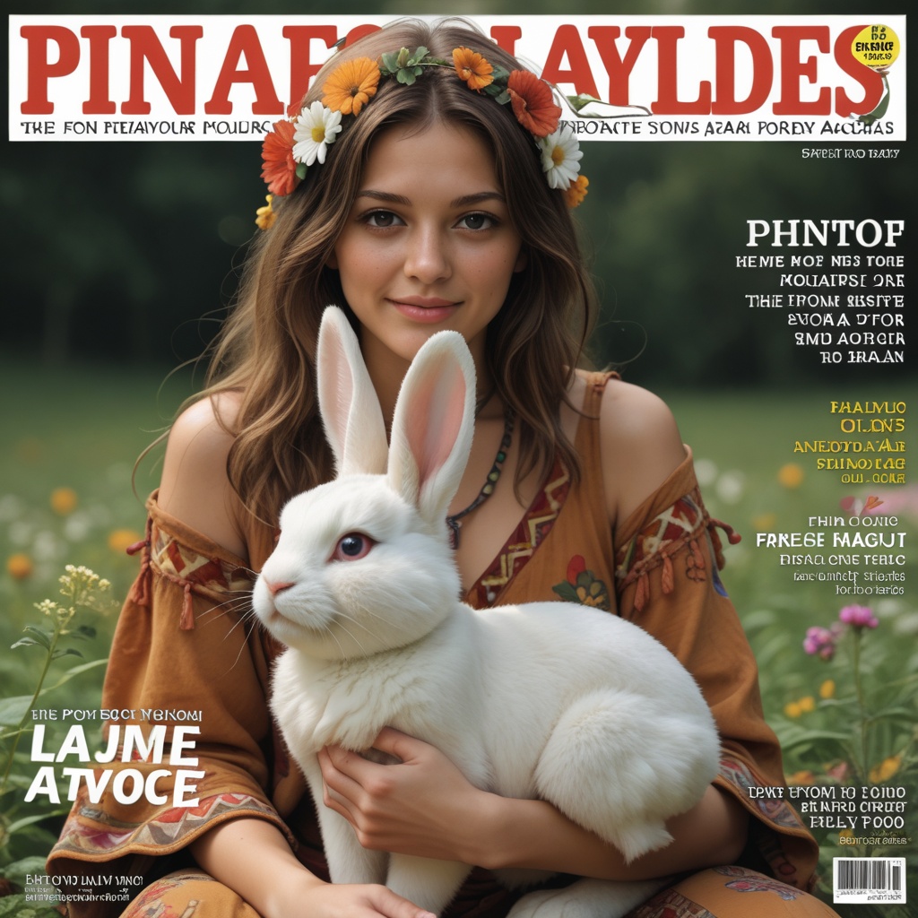 hippie rabbit,  white fur synthetic animal creature,  editorial photography on Tensor.Art