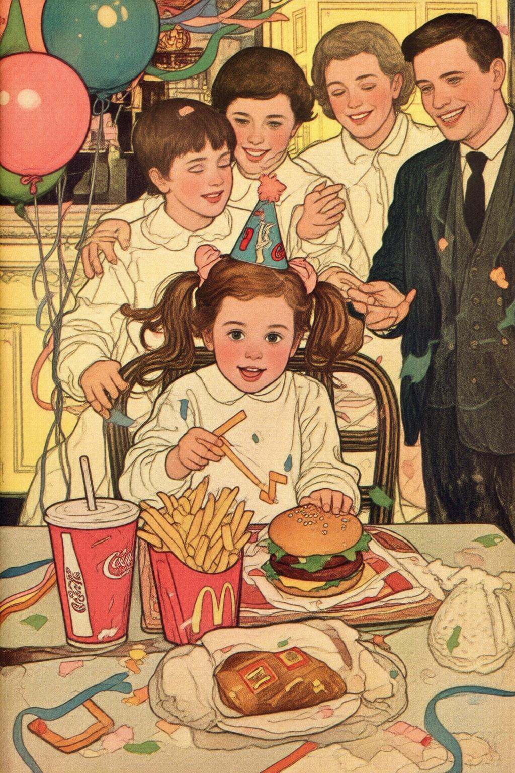 elizabethshippengreen2q illustration.A four-year-old girl with twin pigtails is celebrating her birthday at McDonald's,  w...