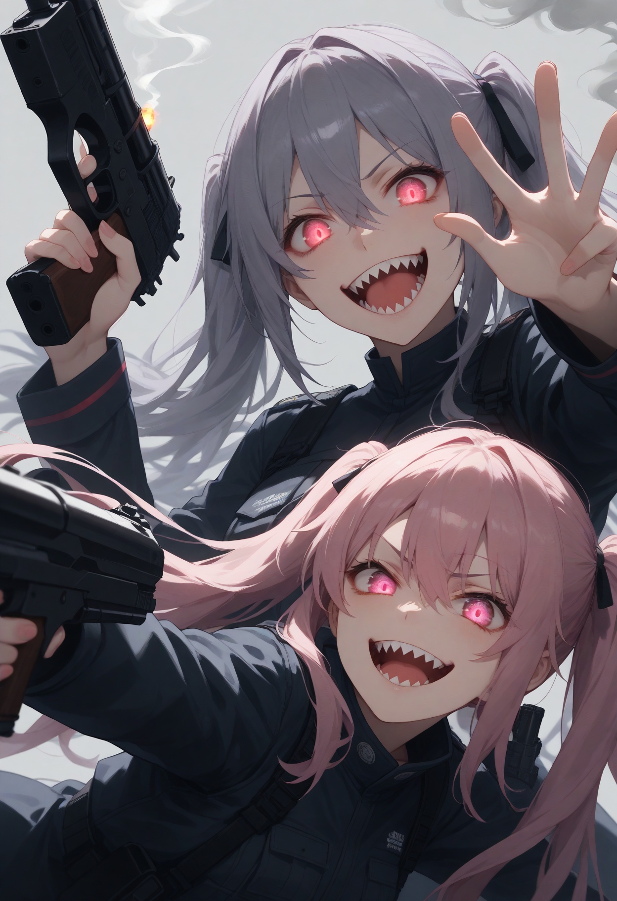 score_9,score_8_up,score_7_up,2girls,yuri,close-up,dynamic angle,dynamic pose,evil grin,evil smile,eyes visible through hair,foreshortening,glowing,glowing eyes,grey background,grey hair,grin,gun,hair between eyes,handgun,long hair,long sleeves,looking at viewer,multiple girls,open mouth,pink eyes,pink hair,purple hair,red eyes,shadow,sharp teeth,simple background,smile,smoke,smoking gun,teeth,trigger discipline,twintails,very long hair,waving,wavy mouth,warning sign,tongue out,v,masterpiece,best quality,
