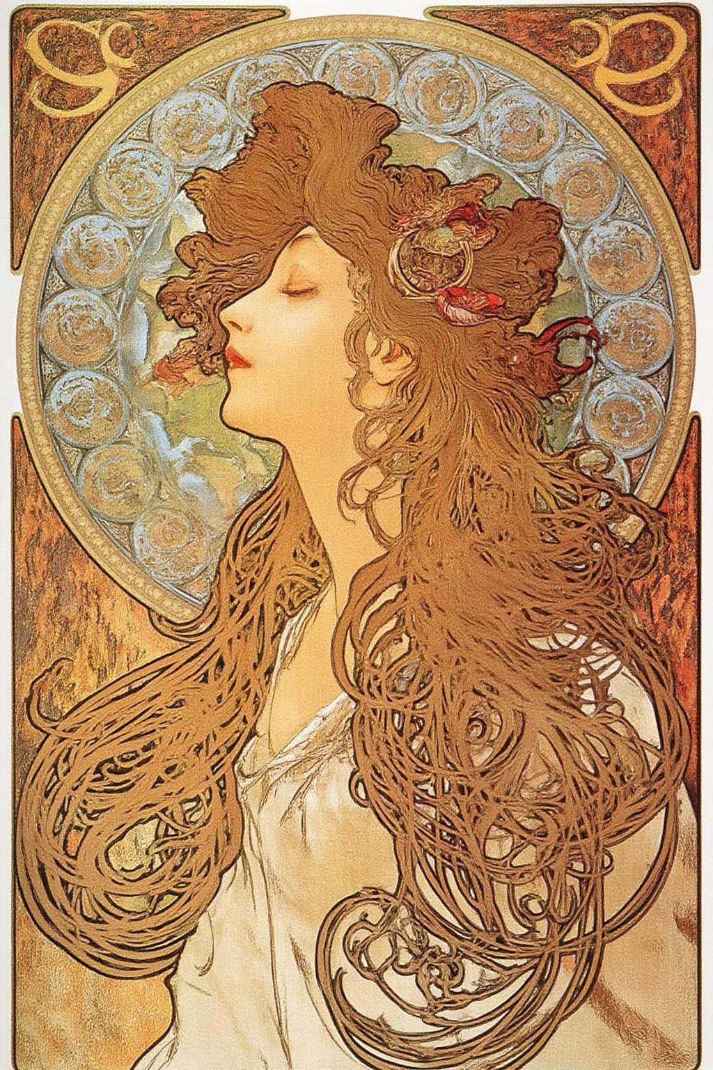 mucha1 illustration. Profile of a woman with long,  flowing hair cascading down her back,  with intricate on Tensor.Art