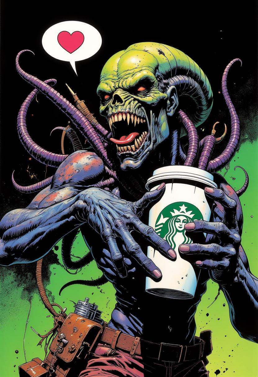 Comic book style,  xenomorph is grabbing a starbucks mug,  black background on Tensor.Art