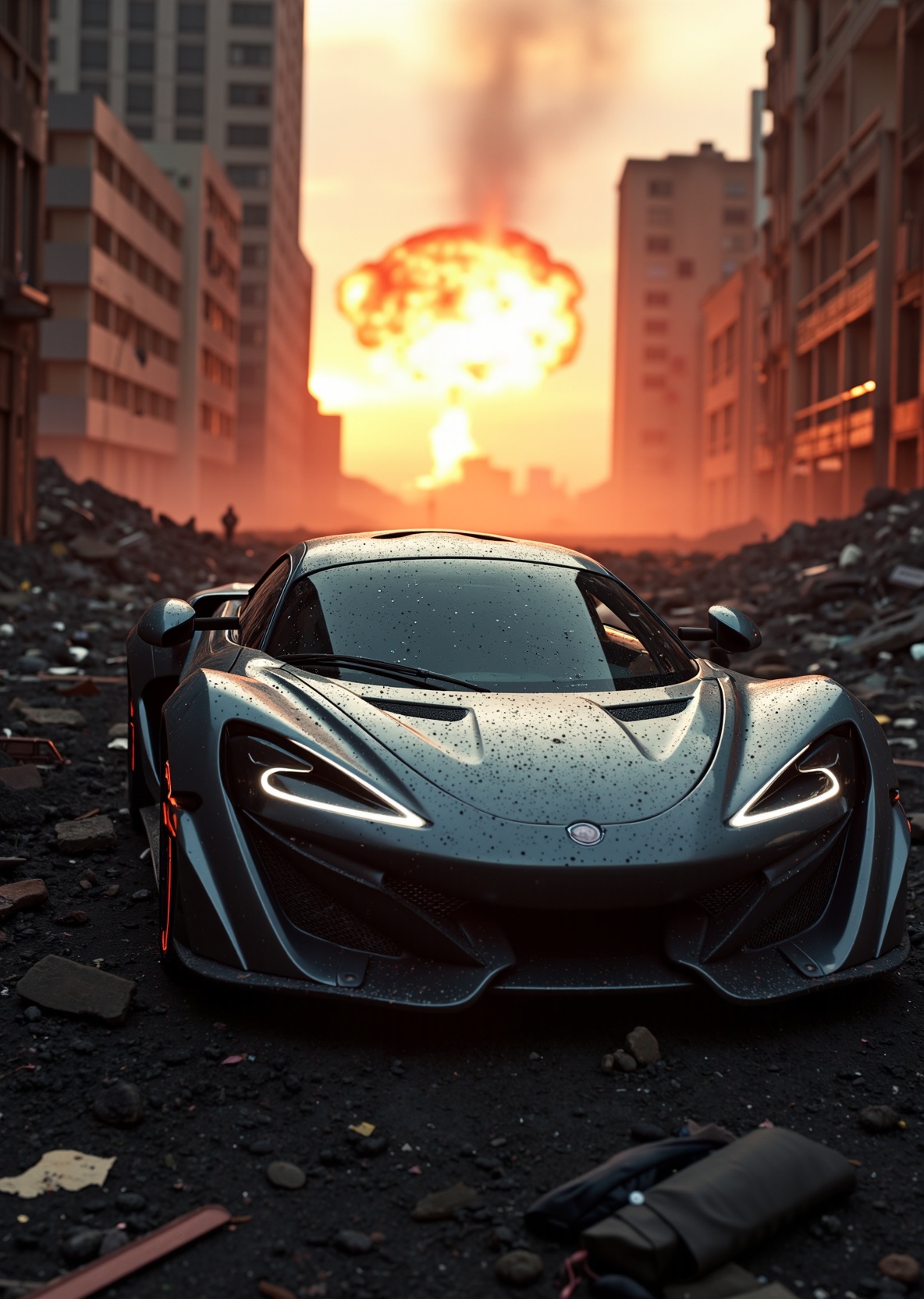 cinematic film still an futuristic cyberpunk,  dieselpunk sports car in a destroyed city after an nuclear blast . shallow...