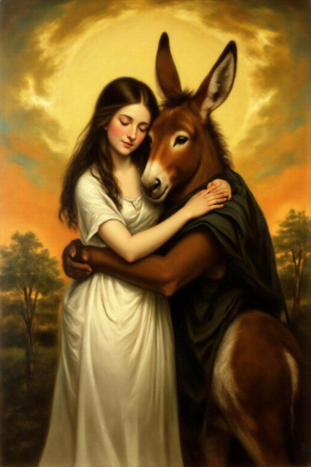 jore1 macha9 painting. A surreal,  dreamlike scene with a woman and an anthropomorphic donkey embracing. The woman,  with...