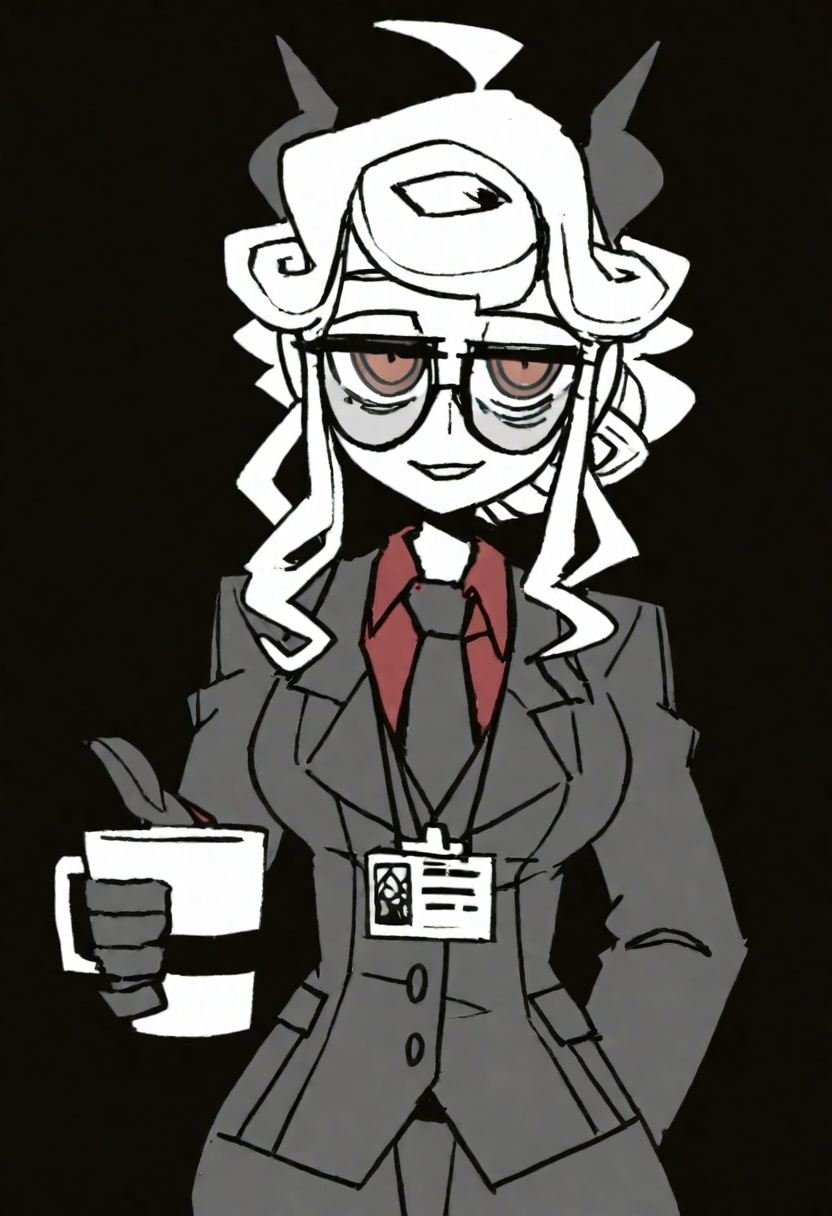 1girl, qk3, horns, monochrome, solo, cup, greyscale, black background, gloves, holding, glasses, coffee mug, demon horns, demon girl, mug, english text, holding cup, suit, curly hair, formal, open mouth, business suit, shirt, id card, steam, looking at viewer, necktie, lanyard, sidelocks, coffee, ahoge, buttoned cuffs, collared shirt, simple background, smile, long hair, white background,A young girl with long hair and cat ears on her head. she is wearing glasses and has a speech bubble above her head that reads "yes, please. the illustration appears to be from an anime or manga style.masterpiece, best quality, newest, absurdres, sensitive <lora:okra_v2.0-000014:1>