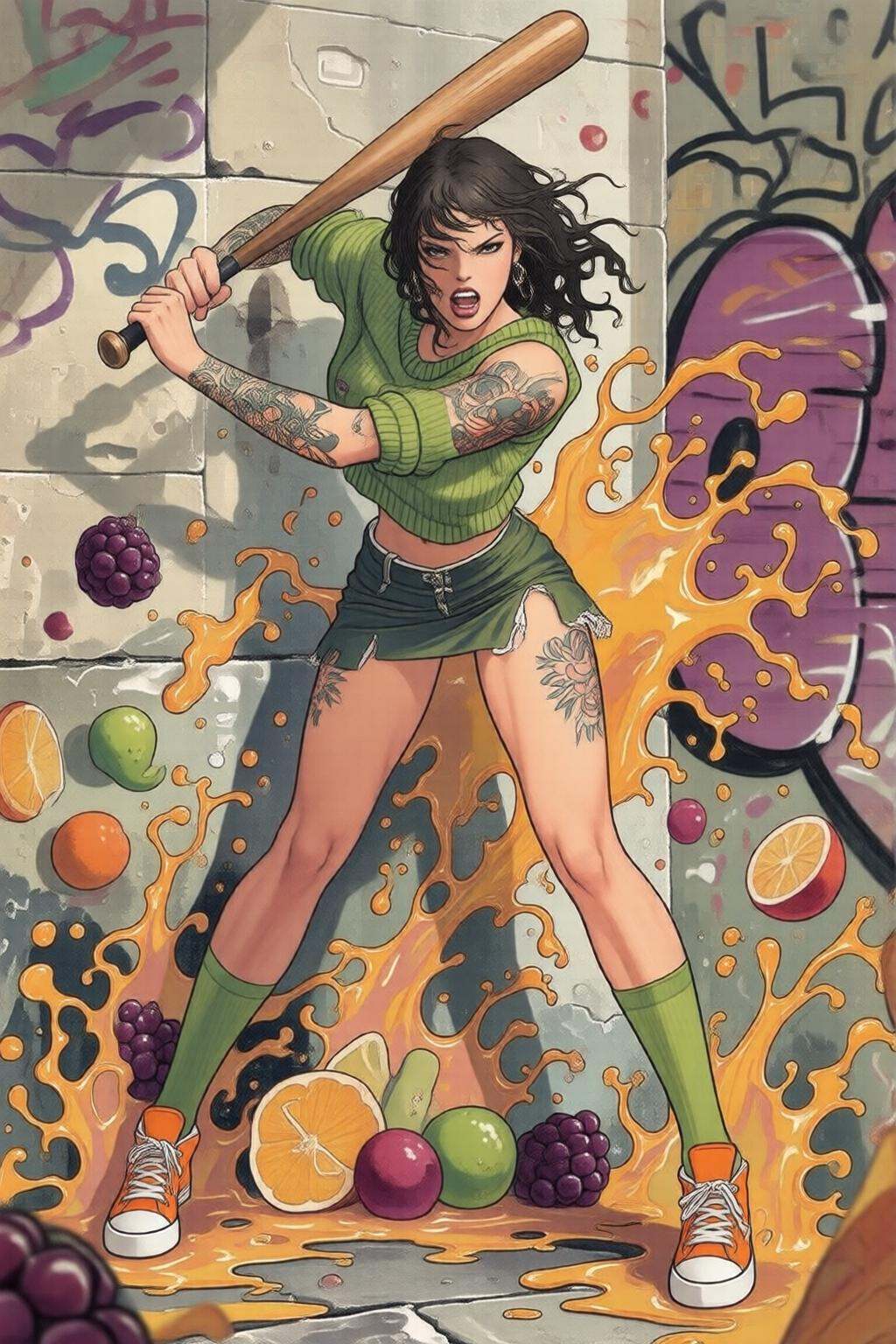 milomanara7q illustration. full body,  liquid splash,  cartoonish juicy fruits chaos on Tensor.Art