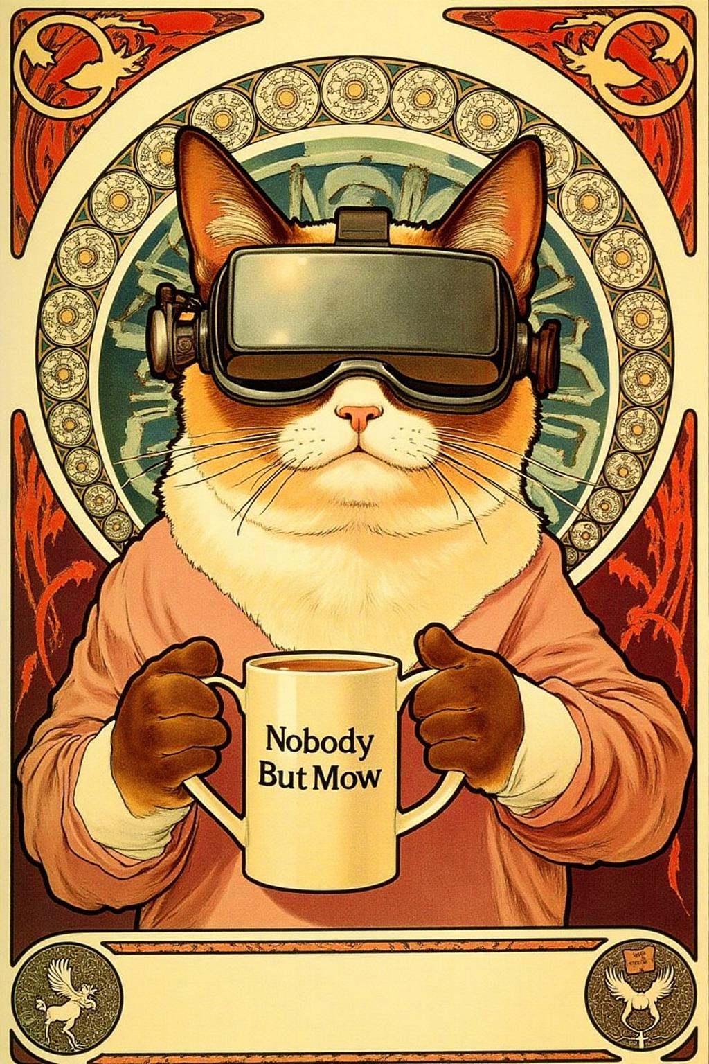 mucha1 Art Nouveau illustration of Grumpy Cat holding a coffee mug,  wearing a VR Headset. The mug has the phrase "NobodyB...
