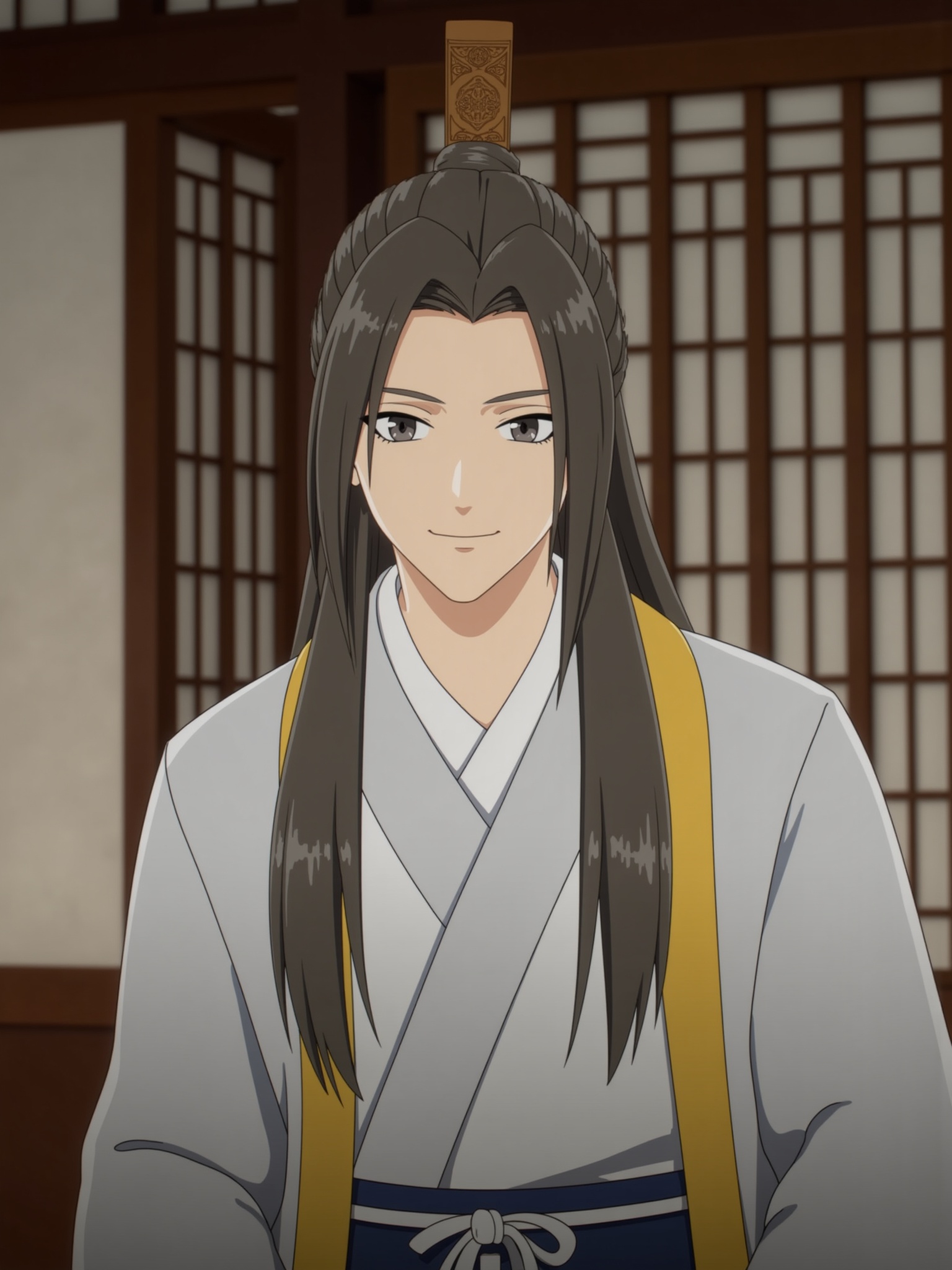 1boy,ancient chinese style,A man with black eyes and black hair,chinese clothes,indoors,smile,