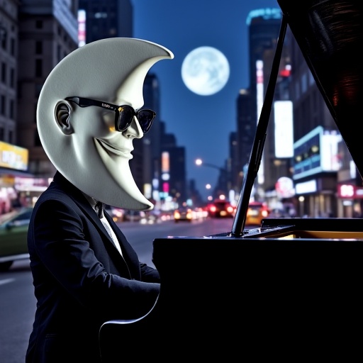 In a vibrant nighttime city scene,  a suave Moonman with a smooth,  luminous moon-shaped head featuring a serene expressio...