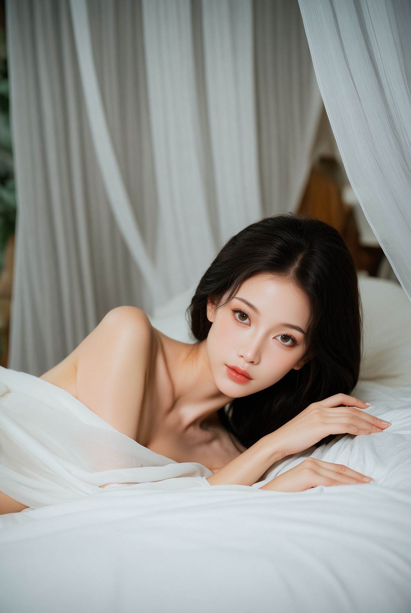 (score_9,score_8_up,score_7_up,score_6),hanfu,simple,(blurry background:1.1),blurry,(blurry foreground:1.1),In a richly adorned Chinese interior, beautiful and naked woman figure reclines on a luxurious canopy bed draped with silk, surrounded by attendants in traditional garments, amidst intricate latticework and classical motifs. masterpiece,best quality,high-resolution image,