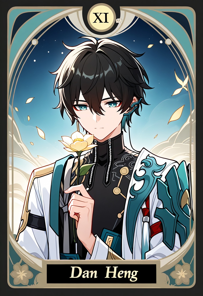 1boy. dan heng \(honkai: star rail\),  holding flower,  tarot \(medium\) on Tensor.Art