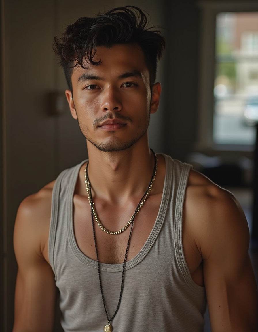 <lora:FLUX1_CNBrad:1>(masterpiece realistic:1.2),best quality,masterpiece,original,extremely detailed,1boy,CNBrad,abs,solo,  **** top  ,jewelry,looking at viewer, male focus, 