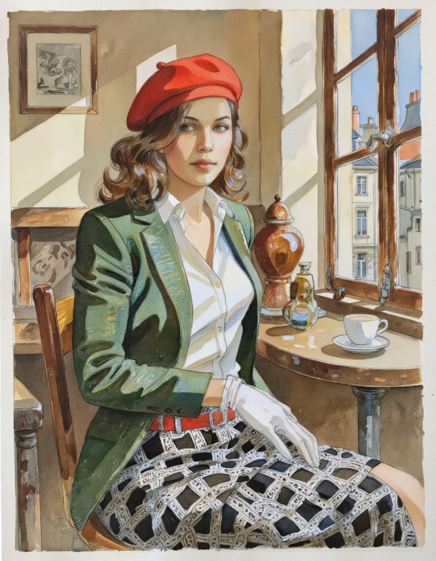 By Jean-Pierre Gibrat. A watercolor painting of a woman sitting at a table in a cozy cafe,  wearing a green blazer with a...