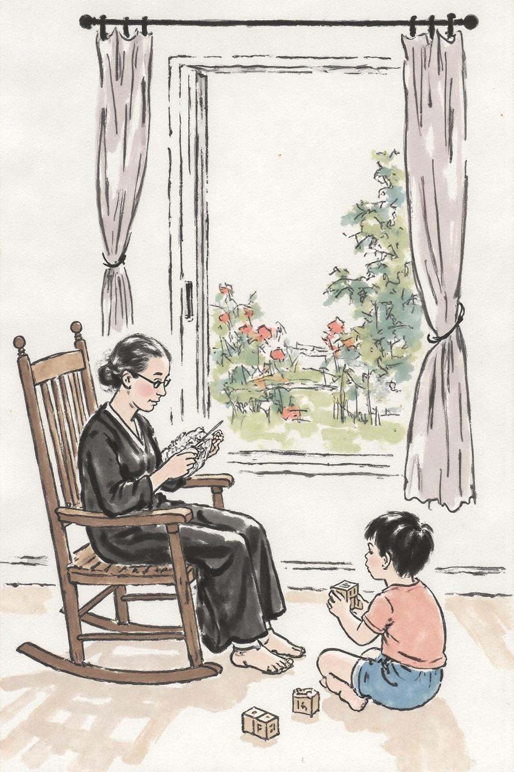 xbh1 minimalist ink painting. A grandmother knitting in a rocking chair by the window,  while her grandchild plays quietly...