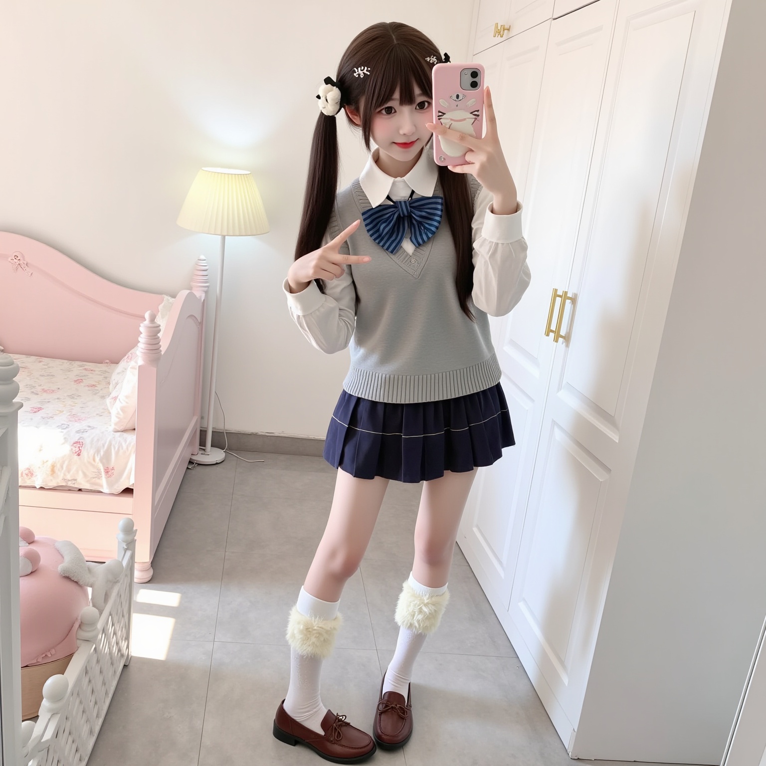 1girl,The photograph depicts a young woman standing in a well-lit, modern bedroom. She has a petite physique and is dressed in a school uniform. Her outfit includes a white collared shirt, a light grey sleeveless sweater, a blue and white striped bow tie, a dark blue pleated skirt, and white knee-high socks with a fluffy, decorative design. She wears brown shoes with a slight heel. Her hair is styled in two pigtails, secured with white hairbands adorned with small, white, bunny-like designs. She holds a smartphone with a pink case featuring a cartoonish design, taking a selfie while making a peace sign with her right hand.The background reveals a cozy room with a light pink, upholstered bed to the left, a white floor lamp with a pleated shade, and white wardrobe doors to the right. The floor is tiled in a light grey color, and the walls are painted white, contributing to a clean, bright ambiance. The overall aesthetic is neat and minimalistic, with a touch of whimsical charm from the girl's playful outfit and the decorative elements in the room. <lora:萌妹FLUX-14:0.6>