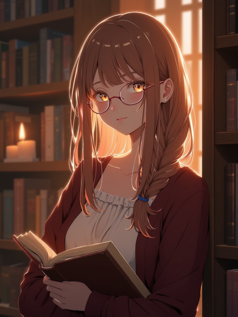 A peaceful librarian,  a female with long caramel-brown hair tied into a simple braid and warm brown eyes framed by delica...