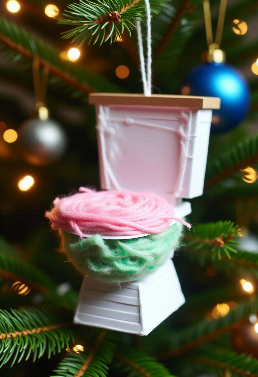Photograph of a festive,  whimsical,  handmade Christmas decoration in the form of a toilet on Tensor.Art