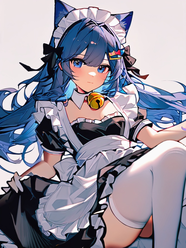 1girl,solo,long hair,looking at viewer,blush,bangs,blue eyes,simple background,hair ornament,white background,dress,bow,ribbon,animal ears,closed mouth,blue hair,frills,hairclip,cat ears,apron,black dress,collar,maid,maid headdress,sparkle,bell,detached collar,white apron,jingle bell,neck bell,maid apron,white collar,Masterpiece,Best quality,Extremely detailed,White stockings,(artist:yizhenyunping:0.6),