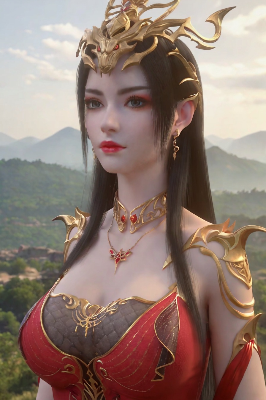 score_9,score_8_up,score_7_up,incredibly absurdres,<lora:SF_MeiDuShaHS_Pony-000005:0.7>,1girl,solo,red dress,large breasts,lips,jewelry,earring,long hair,looking at viewer,white background,landscape,