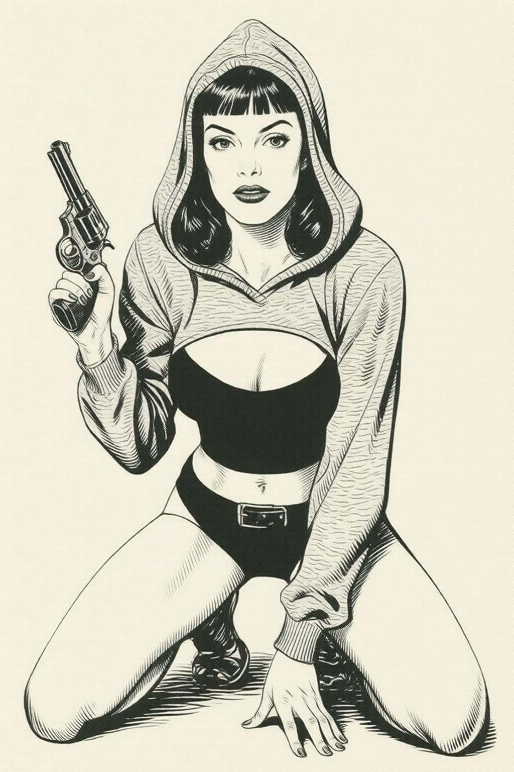 alexraymond2q illustration. Black and white drawing. Woman wearing a hooded,  grey sweatshirt and a black **** top underne...