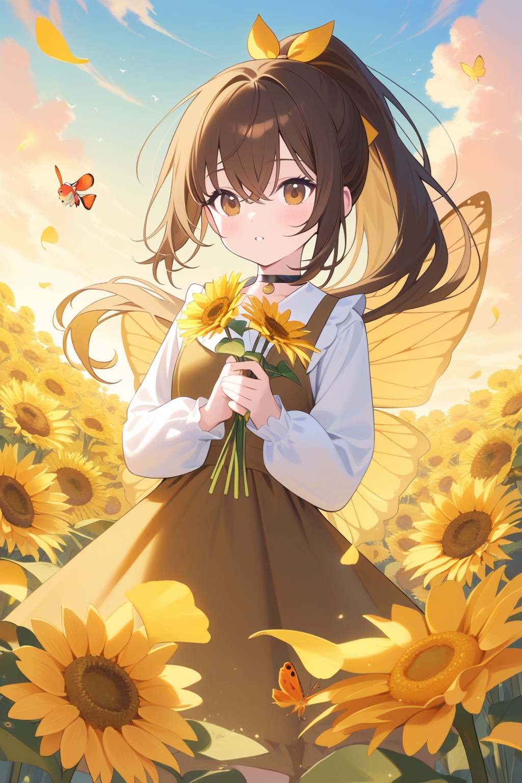 1girl, solo, best quality, detailed, holding pencil, holding flower, parted lips, brown eyes, hair between eyes, brown hair, long hair, floating hair, ponytail, hair ribbon, bangs, dress, shirt, long sleeves, fairy wings, outdoors, cloud, minigirl, petals, day, choker, blue sky, sunflower, ginkgo leaf, orange flower, yellow butterfly, orange \(fruit\), honey, lemon slice, orange slice, flower field, yellow rose, tulip, dandelion, bee, goldfish, bird, autumn