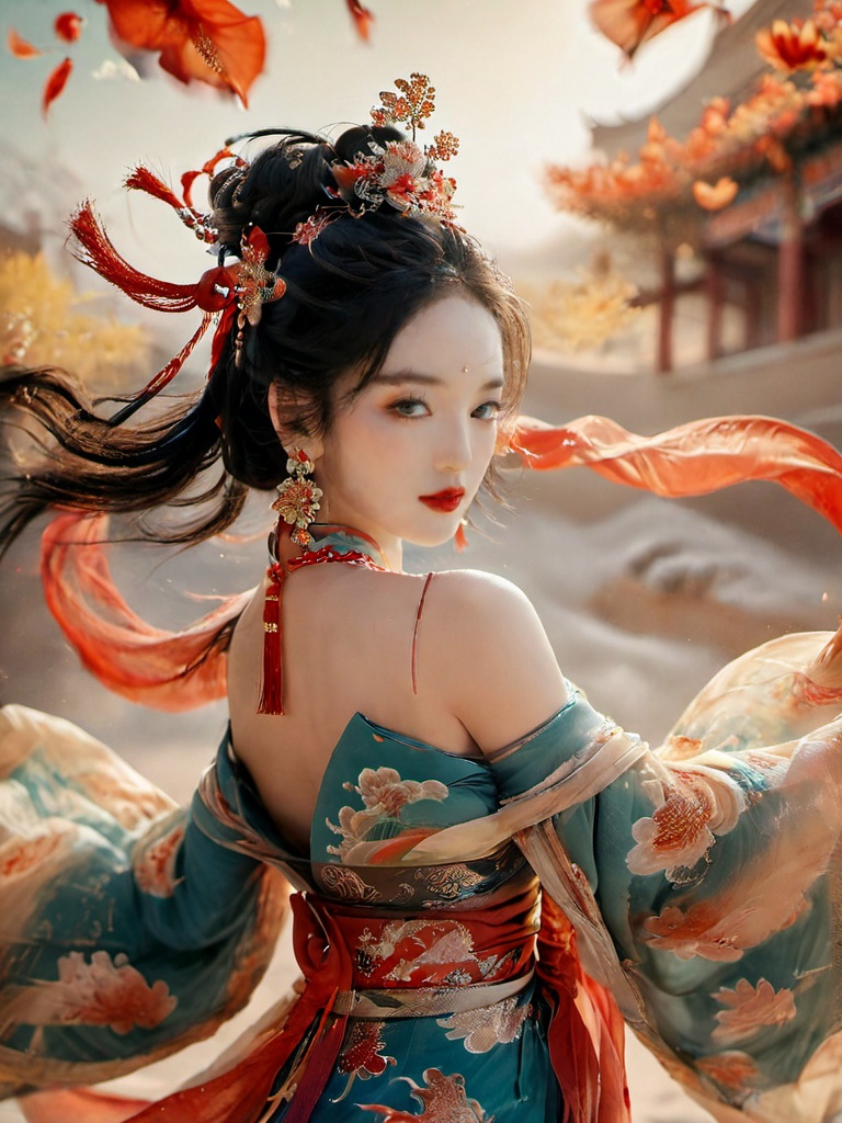 dunhuang, 1girl, solo, jewelry, hair ornament, earrings, flower, black hair, looking back, sash, bare shoulders, chinese clothes, petals, sky, back, dress, wide sleeves, hair bun, from behind, long sleeves, hair flower, looking at viewer, ribbon, off shoulder, leaf, red lips, blurry, wind, hanfu, shawl, outdoors, choker, standing, long hair, tassel, cowboy shot,<lora:dunhuang-000008:0.8>,, best quality, ultra-detailed, masterpiece, finely detail, highres, 8k wallpaper