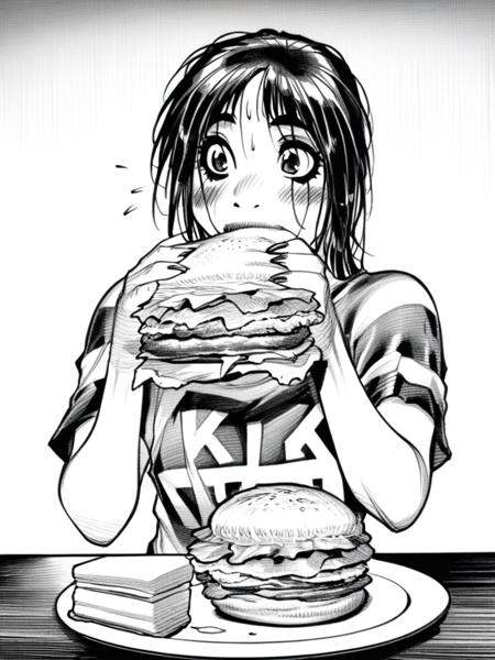 eating hamburger,  monochrome,  hamburger on Tensor.Art