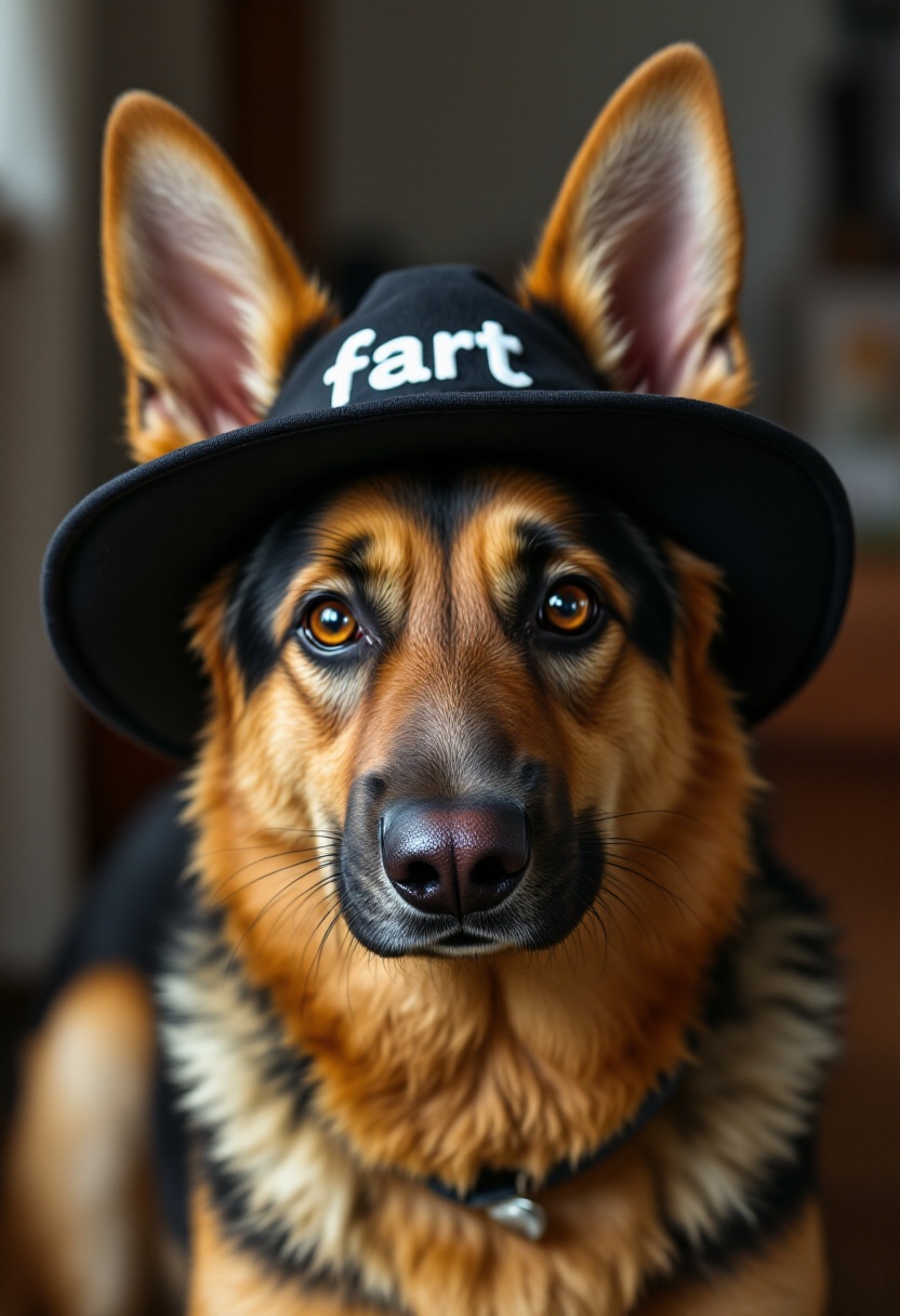 realistic photo of a german shepherd dog wearing a hat with the word "fart" on it. on Tensor.Art