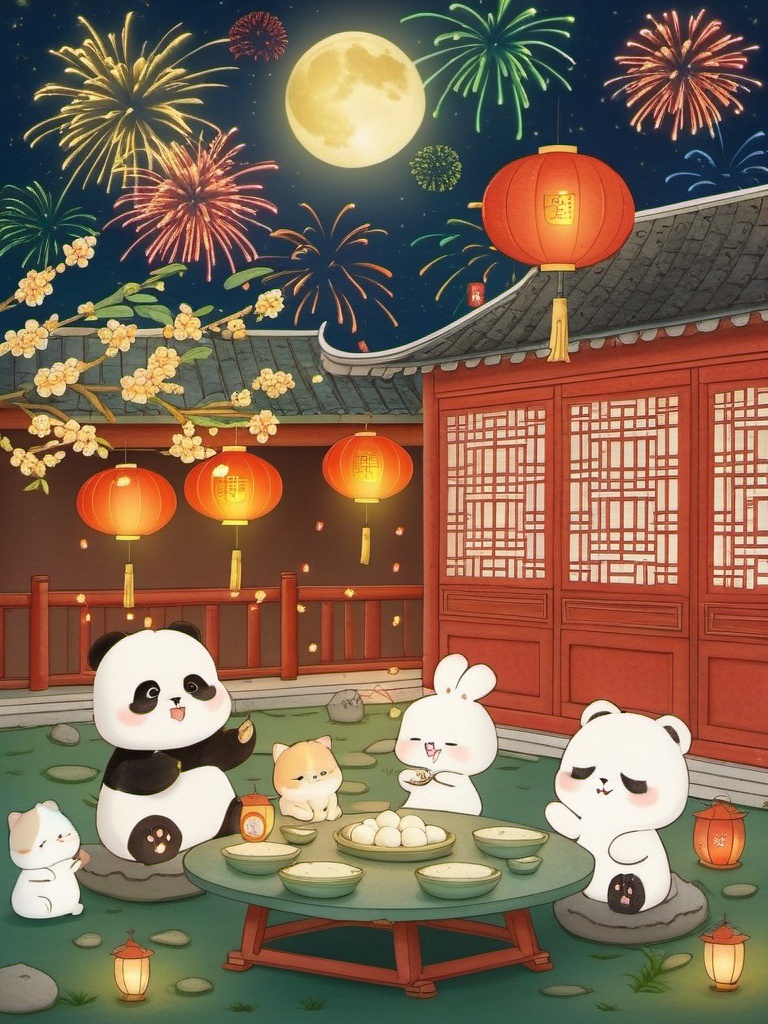 tuzi,A digital drawing in a whimsical, anime-inspired style shows a peaceful Asian-style courtyard at night, lit by a full moon. A cute white panda and a fluffy white cat sit at a round stone table, munching on dumplings. Two more pandas chill on the balcony above, with a lantern hanging nearby. Fireworks light up the night sky, and lanterns hang from trees. The courtyard is decked out with traditional wooden buildings and stone paths.,<lora:tuzi_v1:0.8>